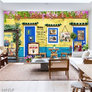 Tranh cà phê decor dàn hoa tím trên mái hiên màu xanh dương