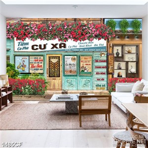 Tranh cà phê decor dàn hoa nhí đỏ rực trên mái hiên quán cư xá