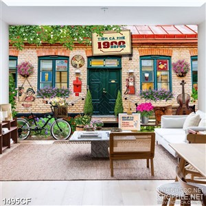 Tranh cà phê decor chiếc xe đạp và những tán lá xanh trước hiên
