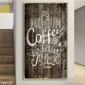 Tranh cà phê in uv dòng chữ coffee trên bức tường gỗ cổ điển