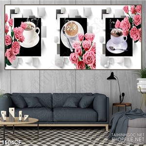 Tranh cà phê in 3d những đóa hồng nhung bên tách cappuccino