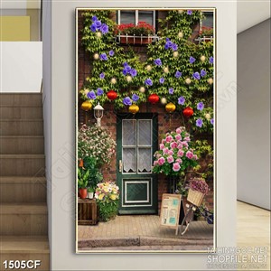 Tranh cà phê decor dàn hoa dây leo trên bức tường quán cà phê