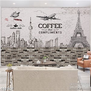 Tranh cà phê decor tháp Effen và thành phố có nhiều tòa cao ốc
