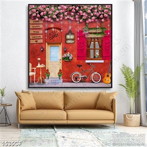 Tranh cà phê decor dàn hoa hồng nhung trên mái hiên quán cà phê