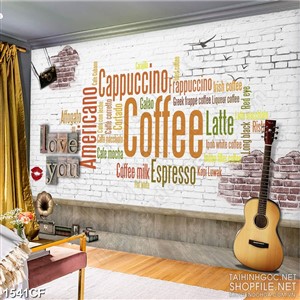 Tranh cà phê dán tường những logo chữ cái dày đặc bên đàn ghita
