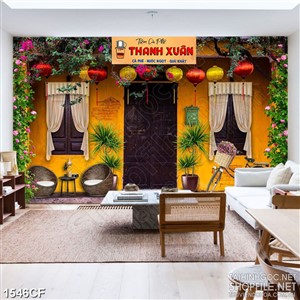 Tranh cà phê trang trí những tán lá xanh và hoa phủ đầy quán cổ