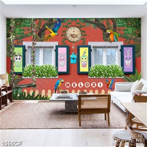 Tranh cà phê decor những tán lá xanh bên cửa sổ và  bức tường đỏ