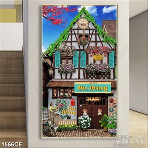 Tranh cà phê trang trí dàn lá xanh phủ đầy mái hiên quán cà phê