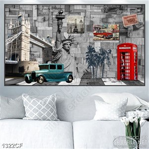 Tranh cà phê in 5d chiếc xe ôtô và cây điện thoại công cộng