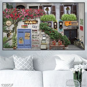 Tranh cà phê decor dàn hoa đỏ thắm trước hiên quán trà sữa