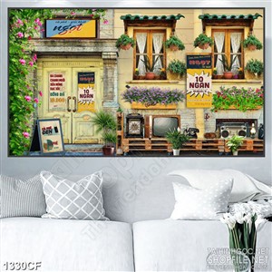 Tranh cà phê in canvas những chậu hoa trước hiên khoe sắc thắm