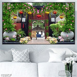 Tranh cà phê decor những chiếc lồng đèn màu vàng bên cửa sổ