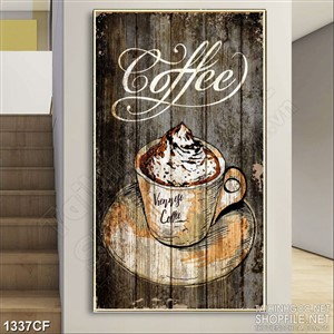 Tranh cà phê in uv tách cappuccino kem sữa thơm ngon trên bàn