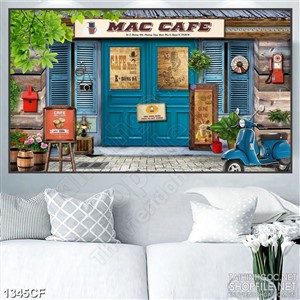 Tranh cà phê decor những cánh cửa gỗ màu xanh dương xinh đẹp