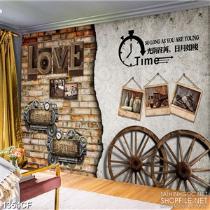 Tranh cà phê in 3d những chiếc bánh xe bên bức tường gạch cổ Tranh cà phê in 3d những chiếc bánh xe bên bức tường gạch cổ