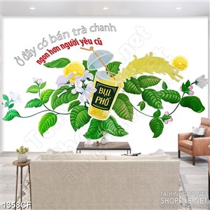 Tranh cà phê nghệ thuật ly trà sữa thơm ngon bên tán lá xanh tươi