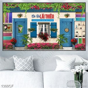 Tranh cà phê in canvas những cánh cửa màu xanh dương xinh đẹp