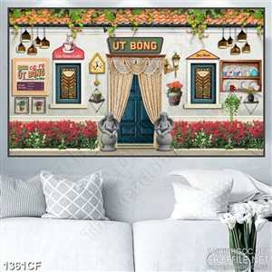 Tranh cà phê dán tường hoa đỏ rực rỡ và bức tượng thiên thần