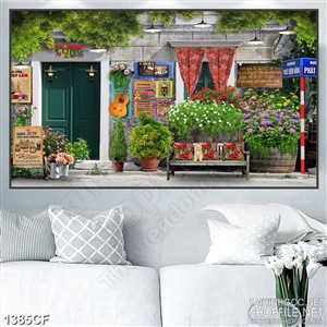 Tranh cà phê decor những chậu hoa khoe sắc trước hiên quán nhỏ