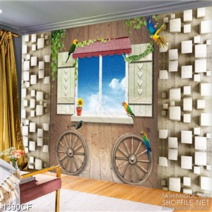 Tranh cà phê in canvas những chú vẹt màu sắc bên khung cửa sổ