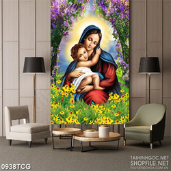 Tranh công giáo đức mẹ Maria bế hài nhi trên đồng hoa