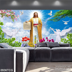 Tranh công giáo thánh Giêsu giữa bầu trời trong xanh psd