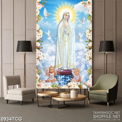 Tranh công giáo hai thiên thần bé nhỏ bên đức mẹ Maria