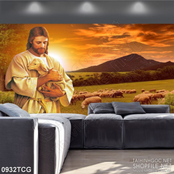Tranh công giáo chú cừu non nằm trong lòng chúa Jesus