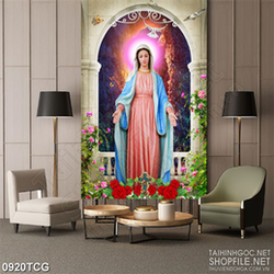 Tranh công giáo mẹ Maria và vườn hoa hồng treo tường