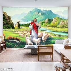 Tranh công giáo chúa Giêsu và đàn cừu trắng trên đồng cỏ