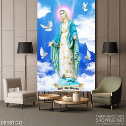 Tranh công giáo đức mẹ Maria và bồ câu trắng tung bay
