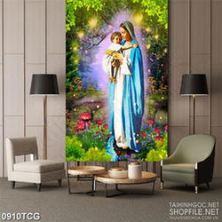 Tranh công giáo đức mẹ Maria bế hài nhi trong rừng 3d