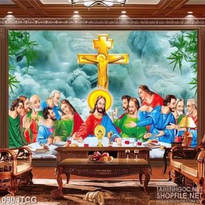 Tranh công giáo tiệc bàn ly của thánh đồ bên cây thánh giá