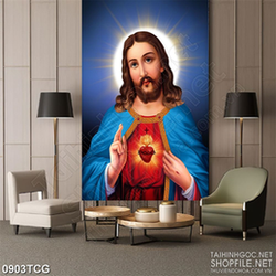 Tranh công giáo trái tim bốc cháy đỏ rực của chúa Giêsu