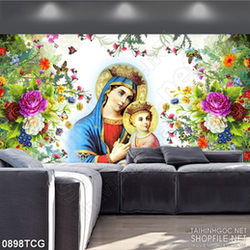 Tranh công giáo 3d mẹ Maria và babby bên vườn hoa