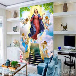 Tranh công giáo psd đức mẹ Maria bên những thiên thần