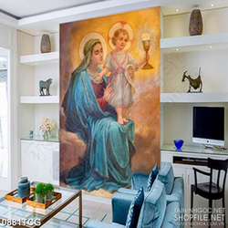 Tranh công giáo psd đức mẹ Maria và hài nhi bên ngọn đèn