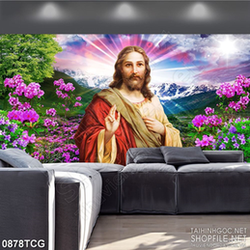 Tranh công giáo chúa Giêsu trong rừng xanh đầy hoa tím