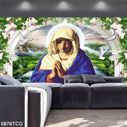 Tranh công giáo in uv đức mẹ cầu nguyện cùng đàn bồ câu