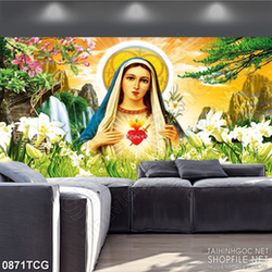 Tranh công giáo đức mẹ Maria bên vườn hoa ly trắng psd