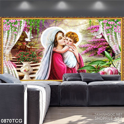 Tranh công giáo đức mẹ và hài nhi trong khu rừng hoa