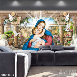 Tranh công giáo đức mẹ Maria bên hài nhi treo tường