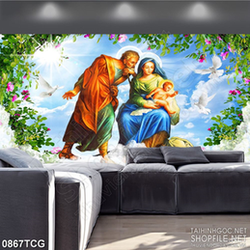 Tranh công giáo gia đình chúa Jesus bên bồ câu trắng 3d