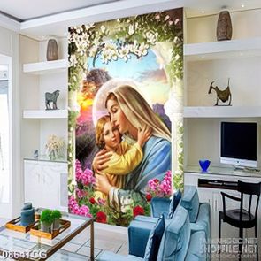 Tranh công giáo đức mẹ và hài nhi bên vườn hoa treo tường