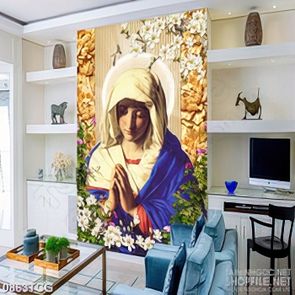 Tranh công giáo đức mẹ đang cầu nguyện bên hoa in uv