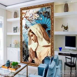 Tranh công giáo đức mẹ Maria đang cầu nguyện bên hoa