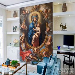 Tranh công giáo in uv đức mẹ Maria bên những thiên thần