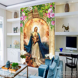 Tranh công giáo 3d đức mẹ Maria bên những hài nhi nhỏ