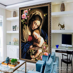 Tranh công giáo  đức mẹ Maria bên hài nhi bé nhỏ