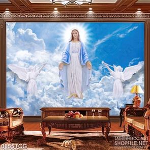 Tranh công giáo thiên thần và đức mẹ Maria trên trời xanh